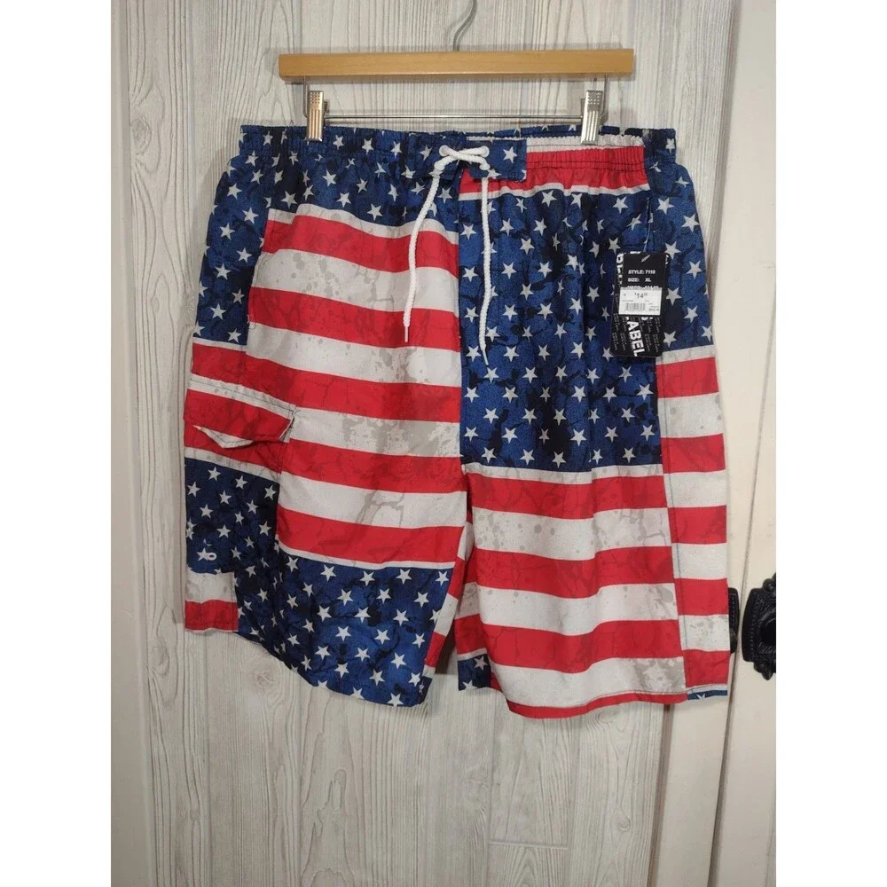 American Flag Swim Trunks North 15 Black Label Mens Shorts  XL NEW/Tag